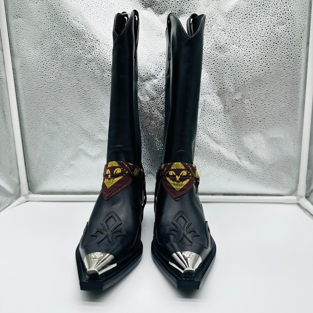 Versace Black Leather Medusa Metal Toe Western Cowboy Boots IT 40 US 10 New Box